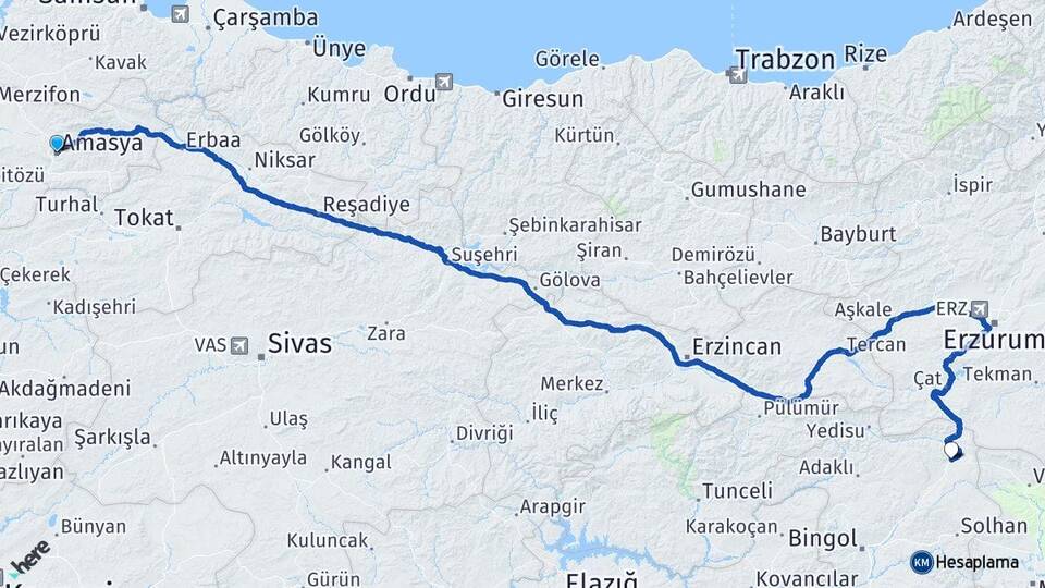 Amasya Karlıova Bingöl Arası Kaç Km - Yol Haritası