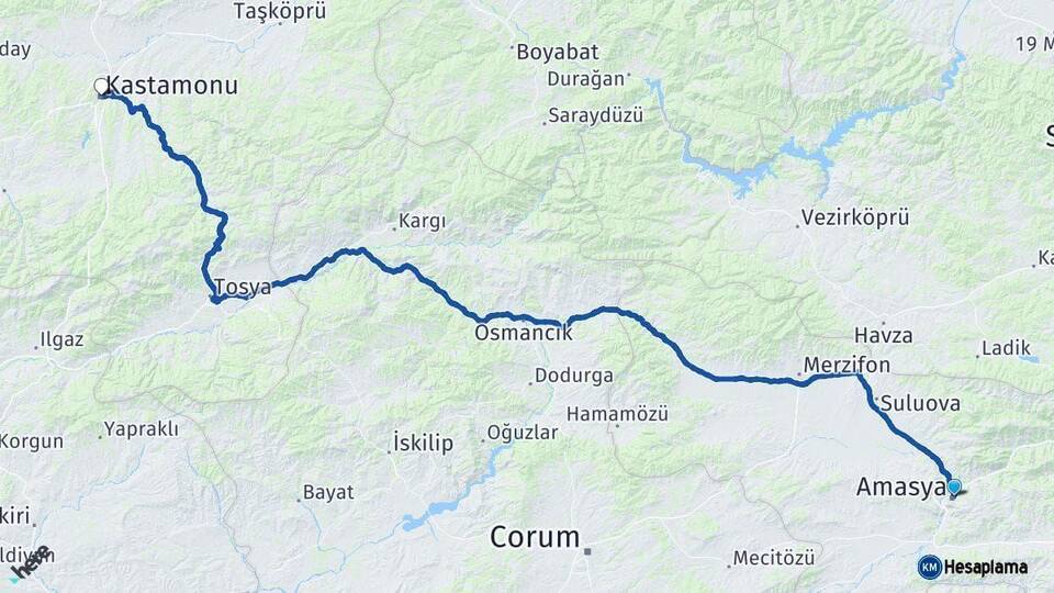 Amasya Kastamonu Arası Kaç Km - Yol Haritası