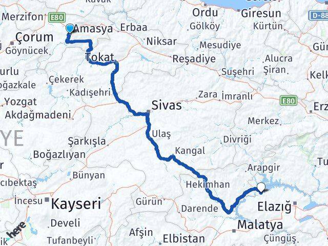 Amasya Keban Elazığ Arası Kaç Km - Yol Haritası