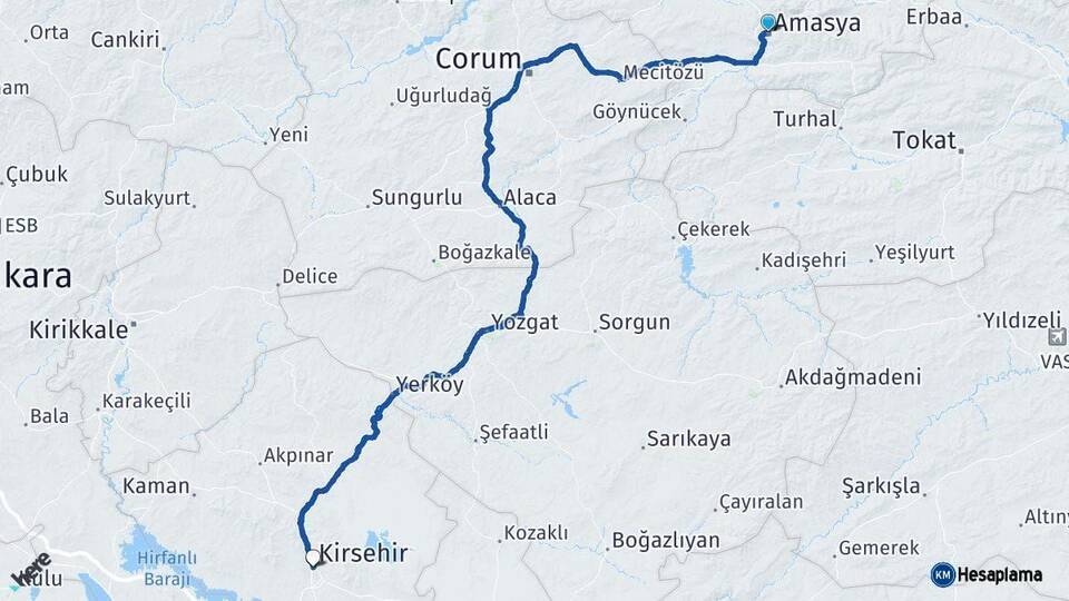 Amasya Kırşehir Arası Kaç Km - Yol Haritası