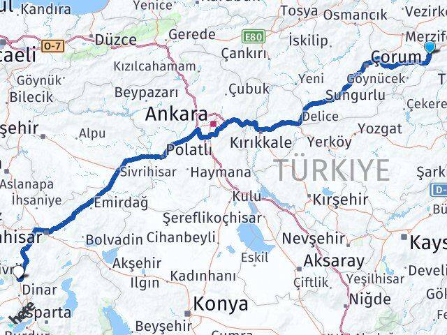 Amasya Kızılören Afyonkarahisar Arası Kaç Km - Yol Haritası