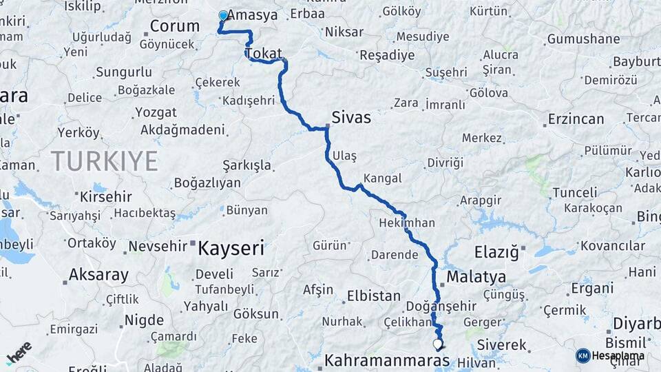 Amasya Kızoğlu Arası Kaç Km - Yol Haritası