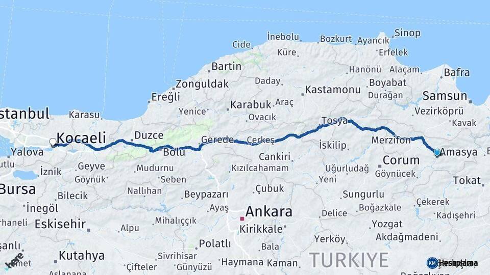 Amasya Kocaeli Arası Kaç Km - Yol Haritası