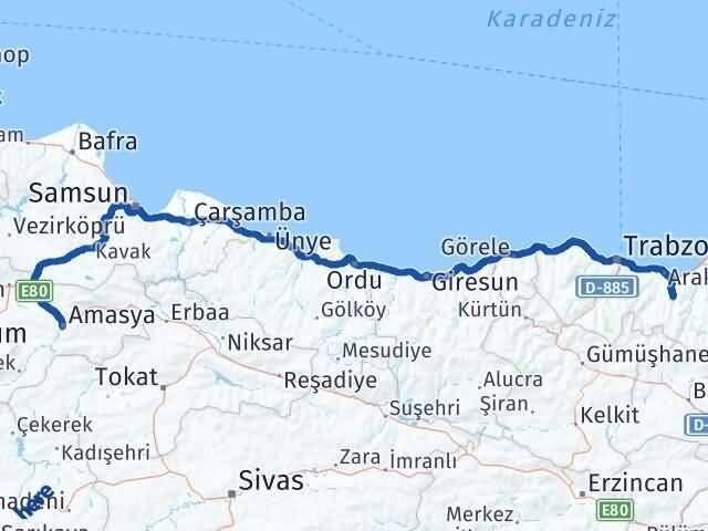 Amasya Köprübaşı Trabzon Arası Kaç Km - Yol Haritası