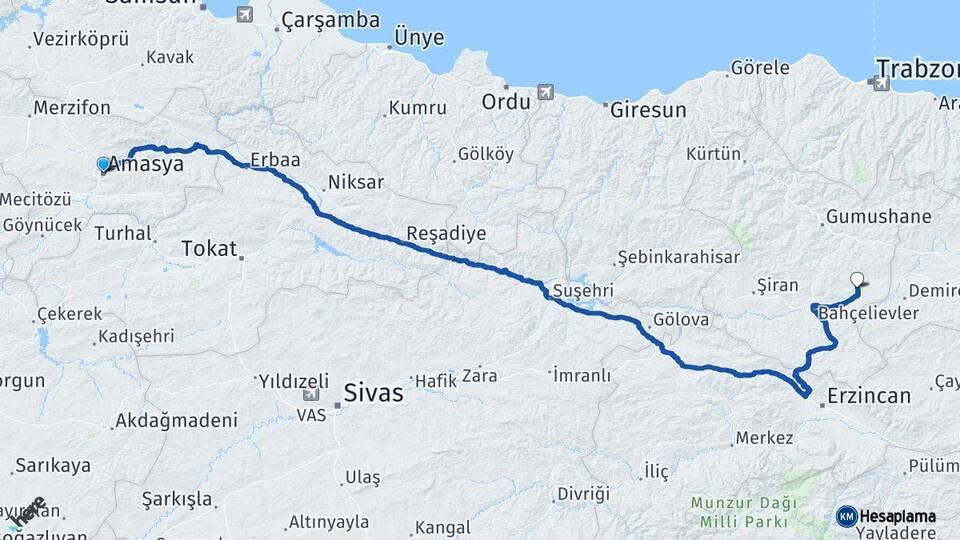 Amasya Köse Gümüşhane Arası Kaç Km - Yol Haritası