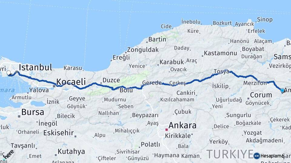 Amasya Küçükçekmece İstanbul Arası Kaç Km - Yol Haritası
