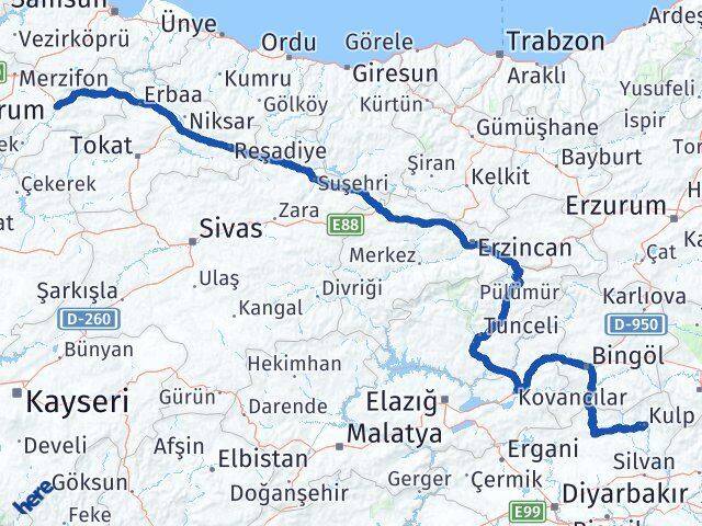 Amasya Kulp Diyarbakır Arası Kaç Km - Yol Haritası