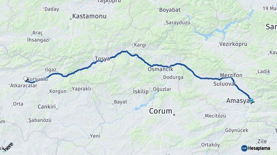 Amasya Kurşunlu Çankırı Arası Kaç Km - Yol Haritası
