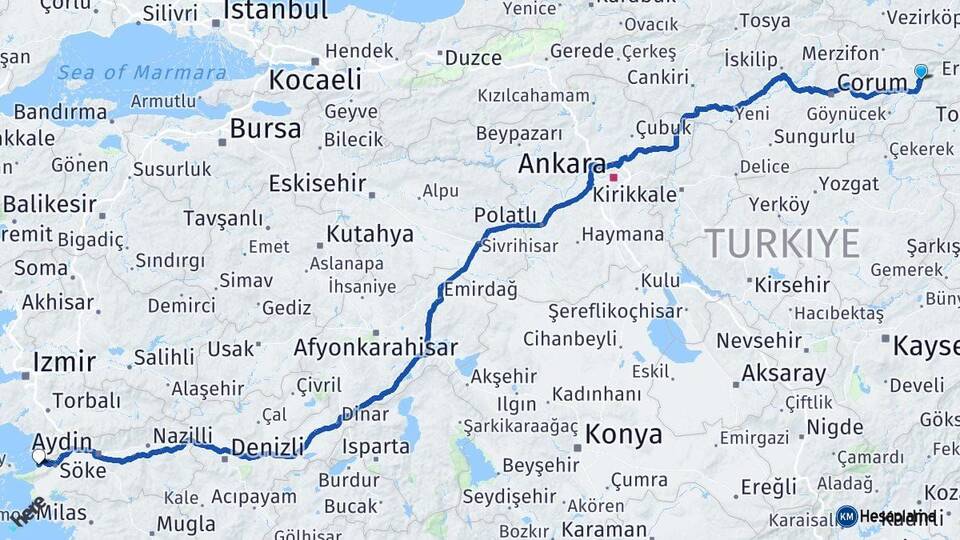Amasya Kuşadası Aydın Arası Kaç Km - Yol Haritası