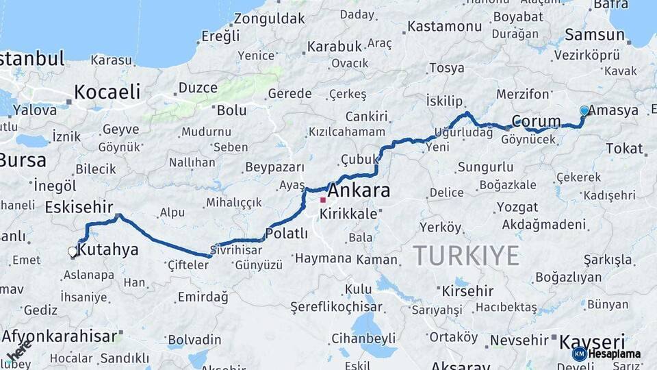 Amasya Kütahya Arası Kaç Km - Yol Haritası