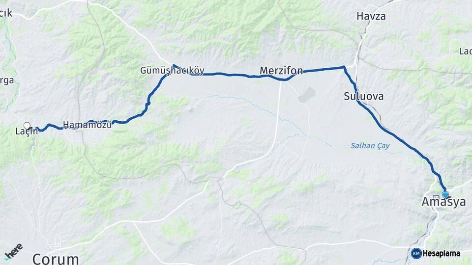 Amasya Laçin Çorum Arası Kaç Km - Yol Haritası