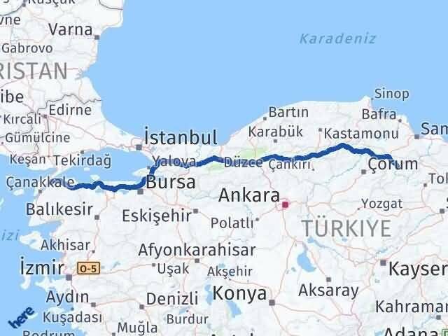 Amasya Lapseki Çanakkale Arası Kaç Km - Yol Haritası