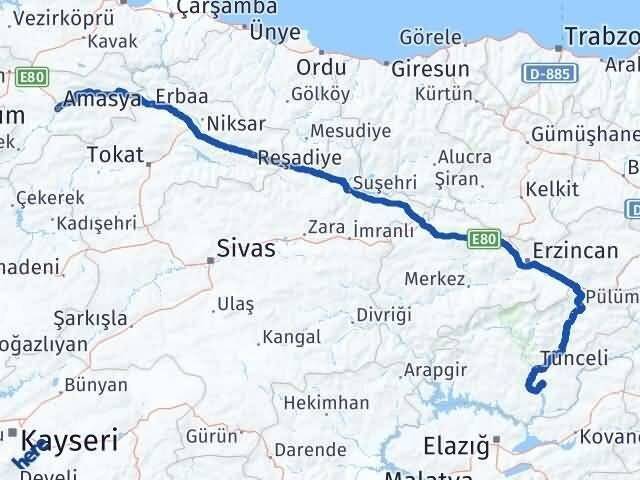 Amasya Mazgirt Tunceli Arası Kaç Km - Yol Haritası