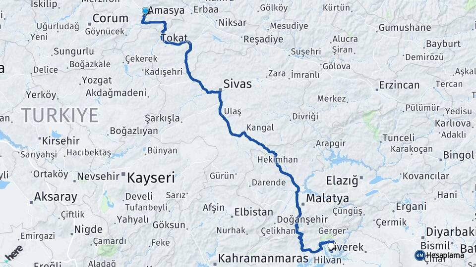Amasya Menzil Kahta Adıyaman Arası Kaç Km - Yol Haritası