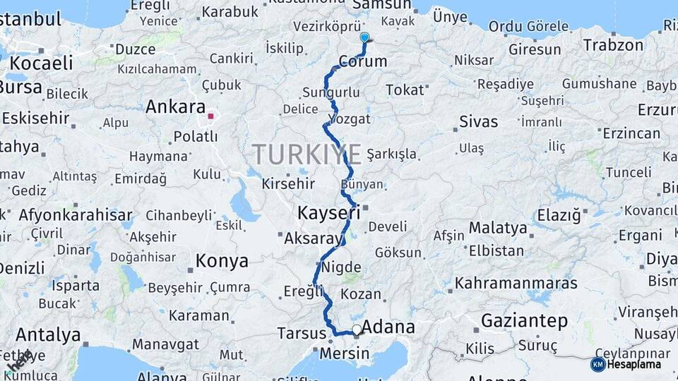 Amasya Merzifon Adana Arası Kaç Km - Yol Haritası
