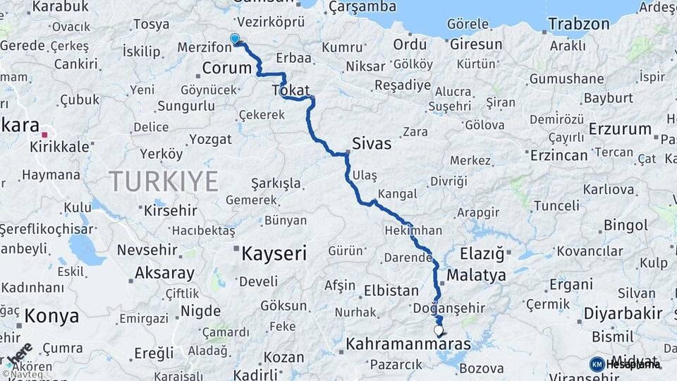 Amasya Merzifon Adıyaman Arası Kaç Km - Yol Haritası