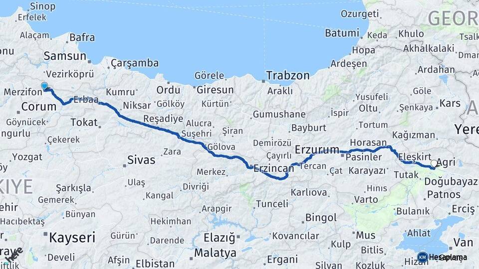 Amasya Merzifon Ağrı Arası Kaç Km - Yol Haritası