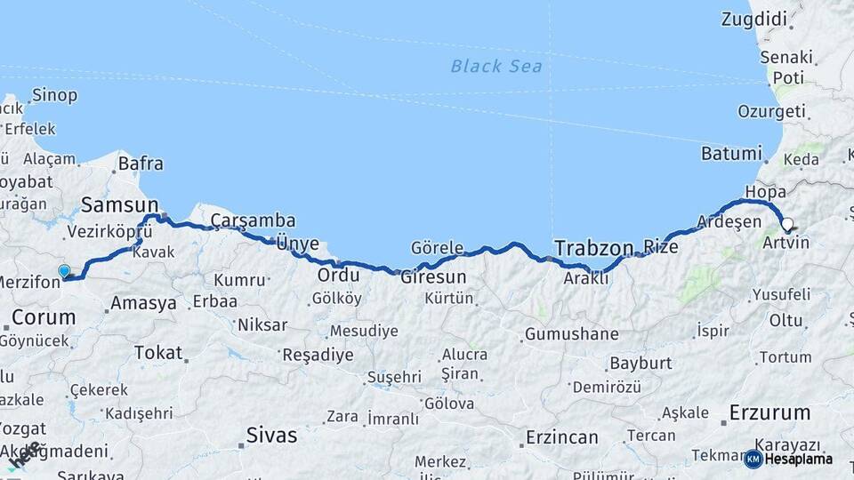 Amasya Merzifon Artvin Arası Kaç Km - Yol Haritası