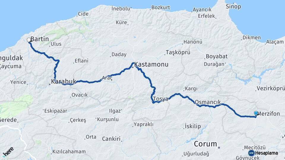 Amasya Merzifon Bartın Arası Kaç Km - Yol Haritası