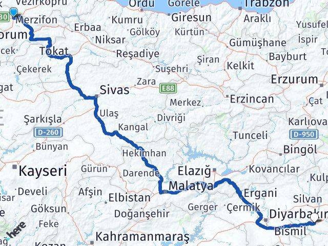 Amasya Merzifon Batman Arası Kaç Km - Yol Haritası