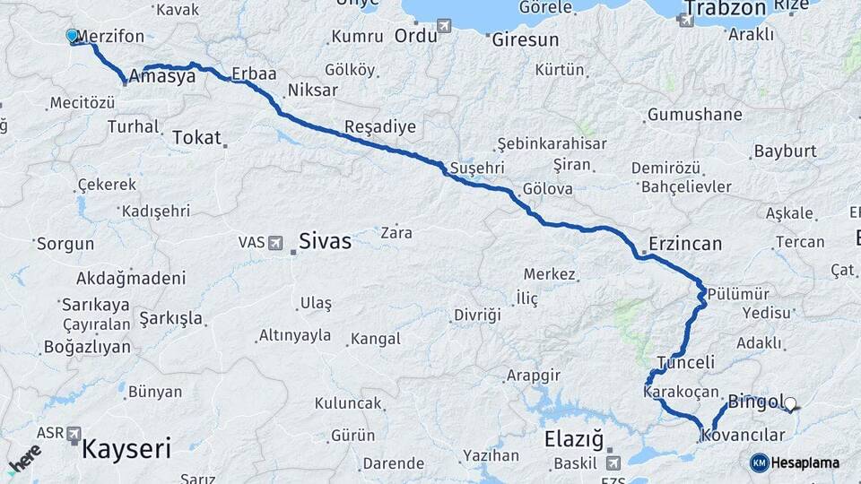 Amasya Merzifon Bingöl Arası Kaç Km - Yol Haritası