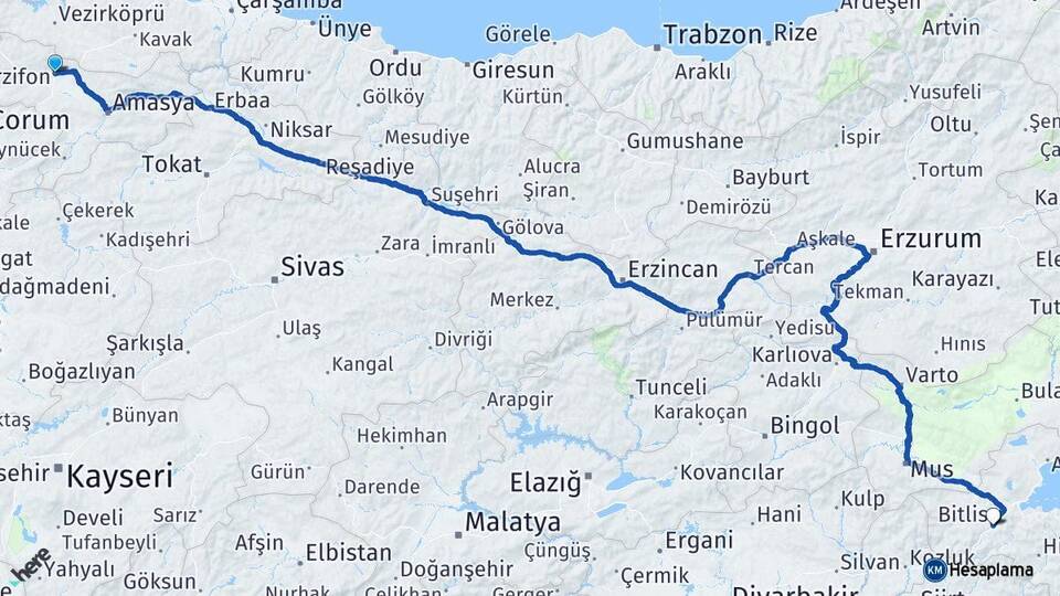 Amasya Merzifon Bitlis Arası Kaç Km - Yol Haritası