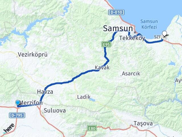 Amasya Merzifon Çarşamba Havalimanı Arası Kaç Km - Yol Haritası