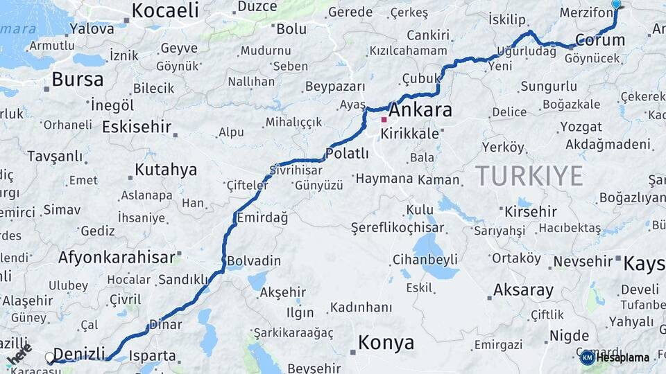 Amasya Merzifon Denizli Arası Kaç Km - Yol Haritası