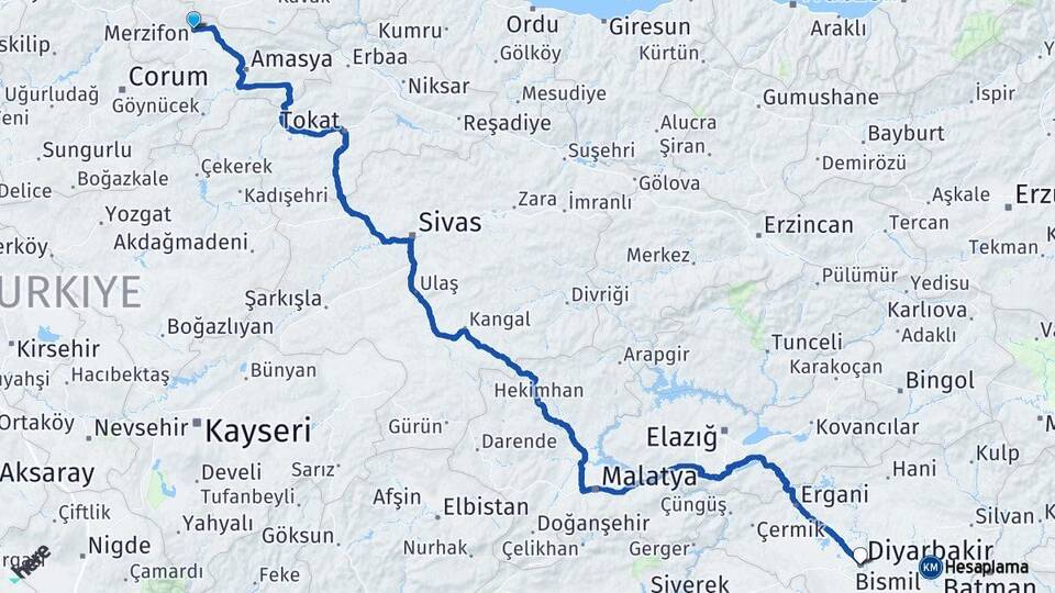 Amasya Merzifon Diyarbakır Arası Kaç Km - Yol Haritası