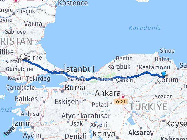 Amasya Merzifon Edirne Arası Kaç Km - Yol Haritası