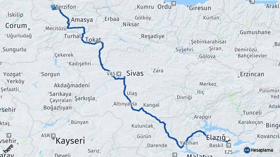 Amasya Merzifon Elazığ Arası Kaç Km - Yol Haritası
