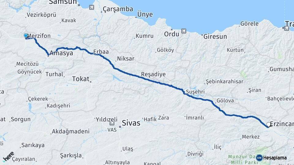 Merzifon Erzincan Arası Kaç Km - Yol Tarifi