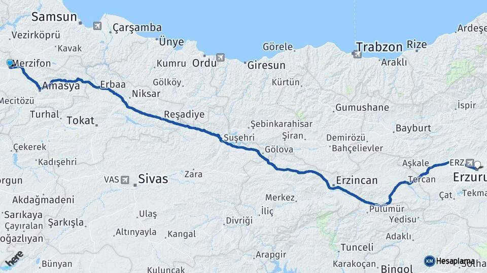 Amasya Merzifon Erzurum Arası Kaç Km - Yol Haritası