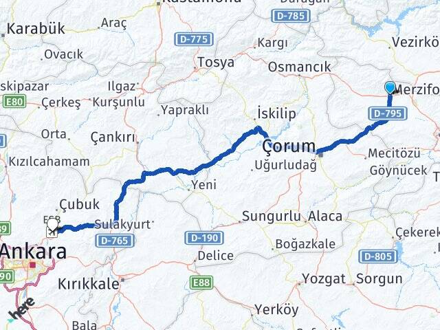 Amasya Merzifon Esenboğa Havalimanı Arası Kaç Km - Yol Haritası