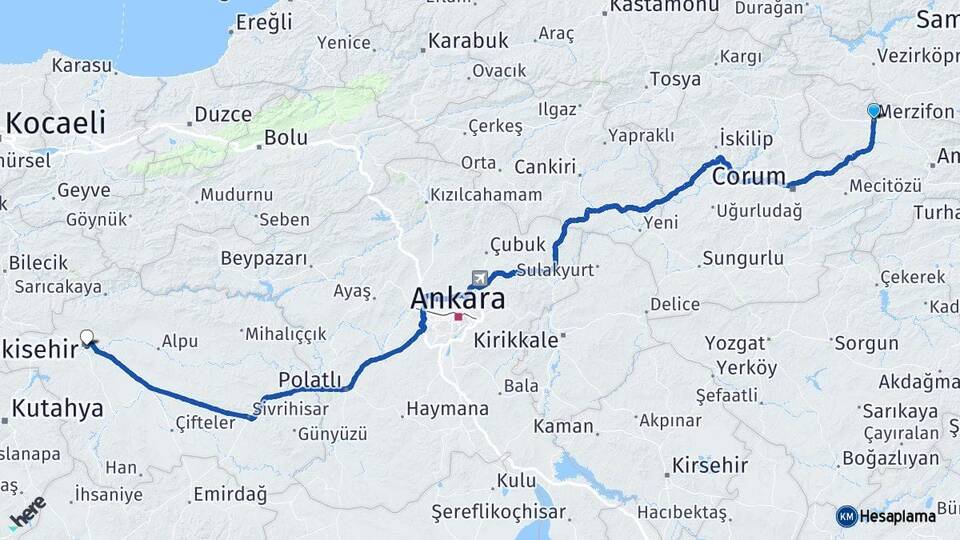 Amasya Merzifon Eskişehir Arası Kaç Km - Yol Haritası