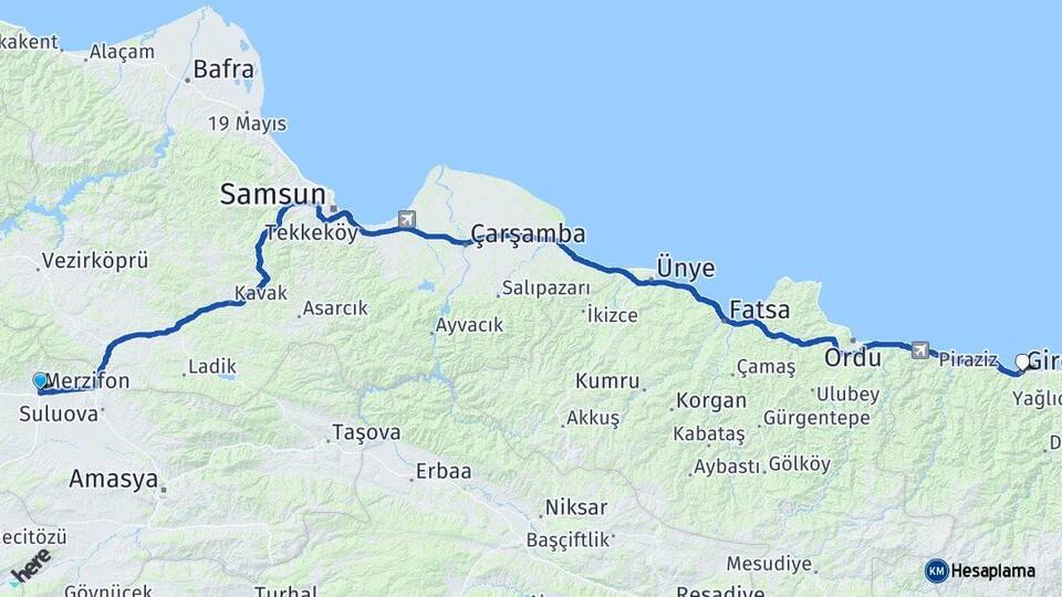 Amasya Merzifon Giresun Arası Kaç Km - Yol Haritası
