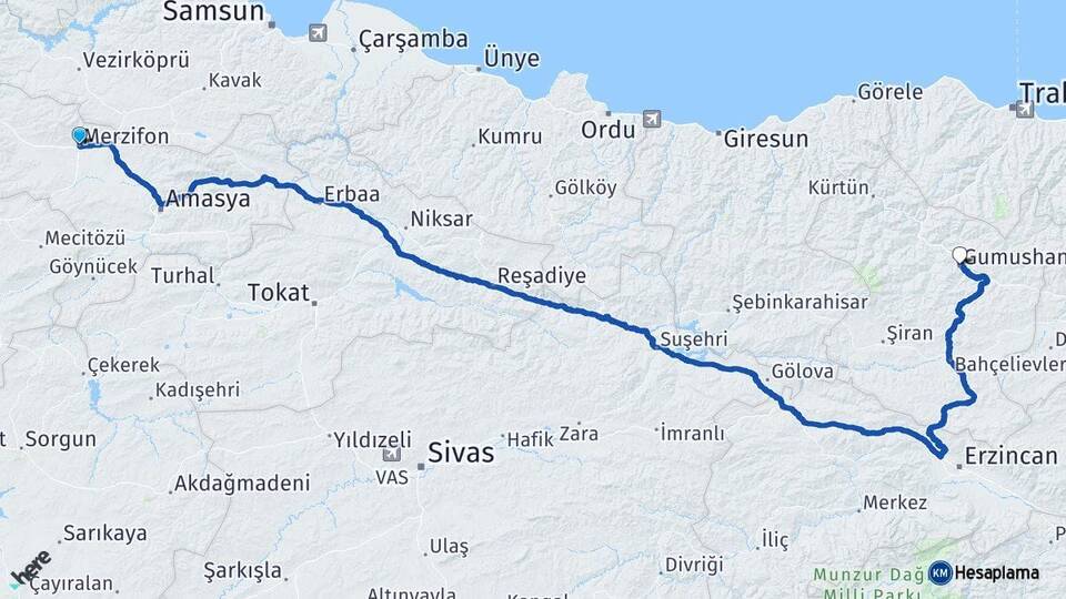 Amasya Merzifon Gümüşhane Arası Kaç Km - Yol Haritası