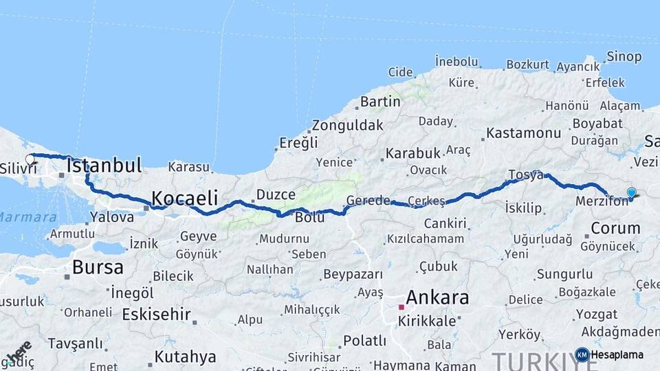 Amasya Merzifon Hadımköy Arnavutköy İstanbul Arası Kaç Km - Yol Haritası
