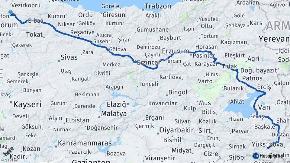 Amasya Merzifon Hakkari Arası Kaç Km - Yol Haritası