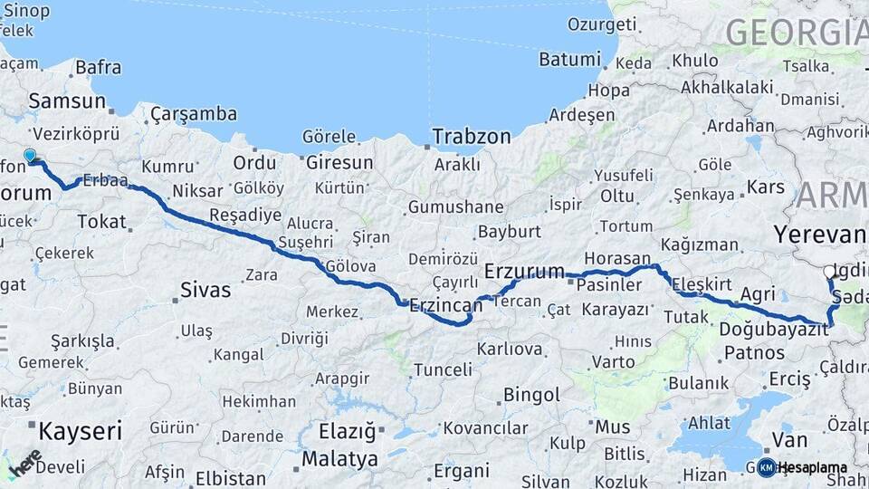 Amasya Merzifon Iğdır Arası Kaç Km - Yol Haritası