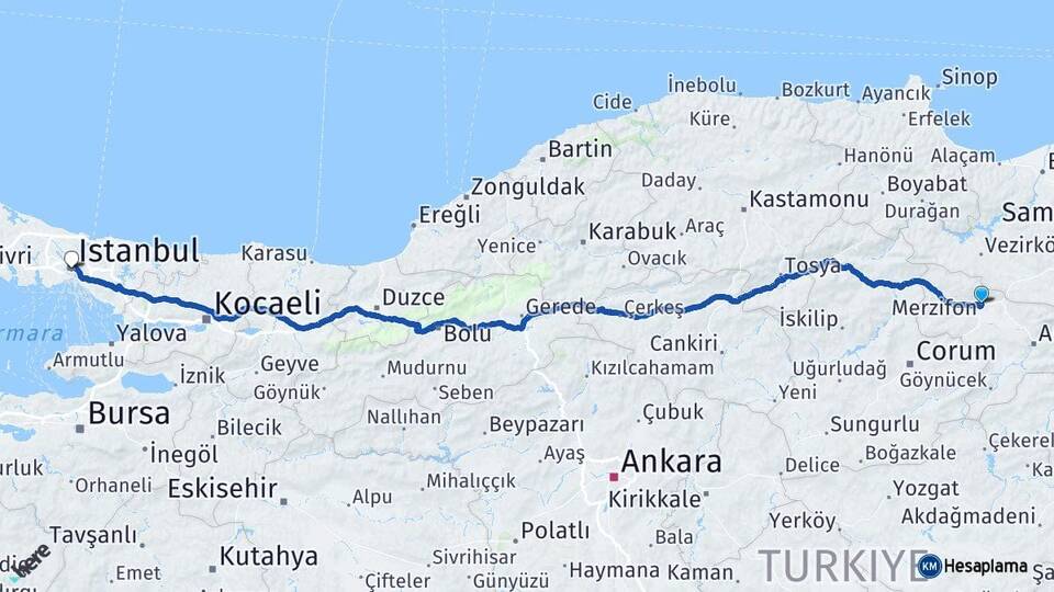Amasya Merzifon İstanbul Arası Kaç Km - Yol Haritası