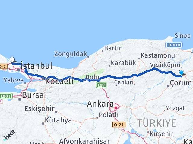 Amasya Merzifon İstanbul Havalimanı Arası Kaç Km - Yol Haritası
