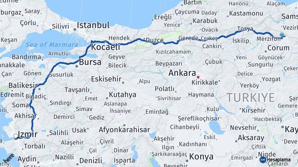 Amasya Merzifon İzmir Arası Kaç Km - Yol Haritası