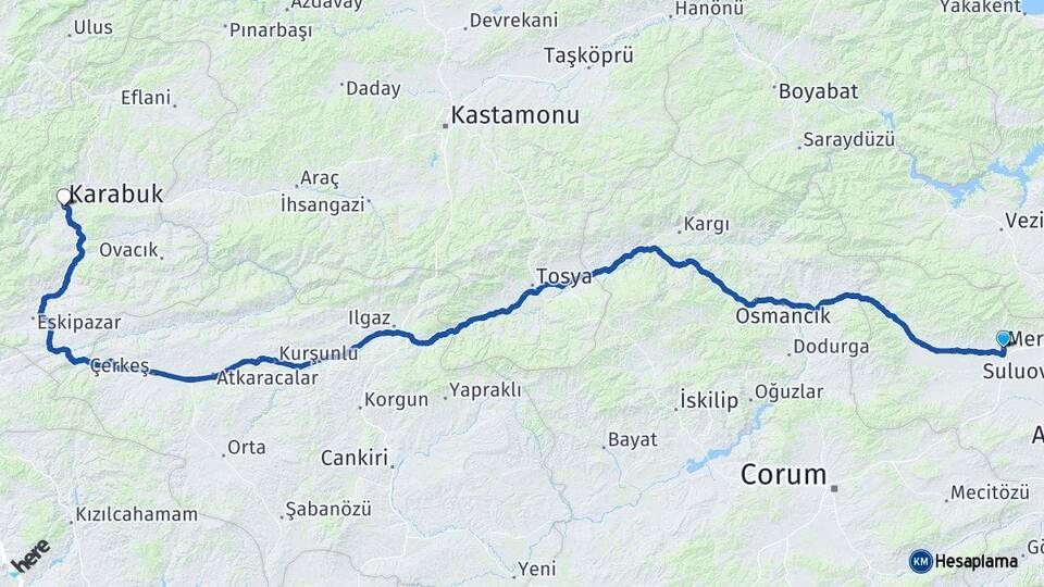 Amasya Merzifon Karabük Arası Kaç Km - Yol Haritası