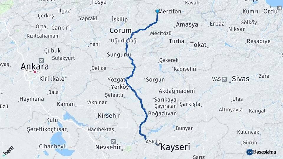 Amasya Merzifon Kayseri Arası Kaç Km - Yol Haritası