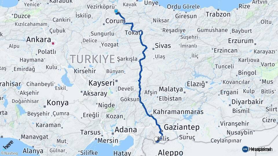 Amasya Merzifon Kilis Arası Kaç Km - Yol Haritası