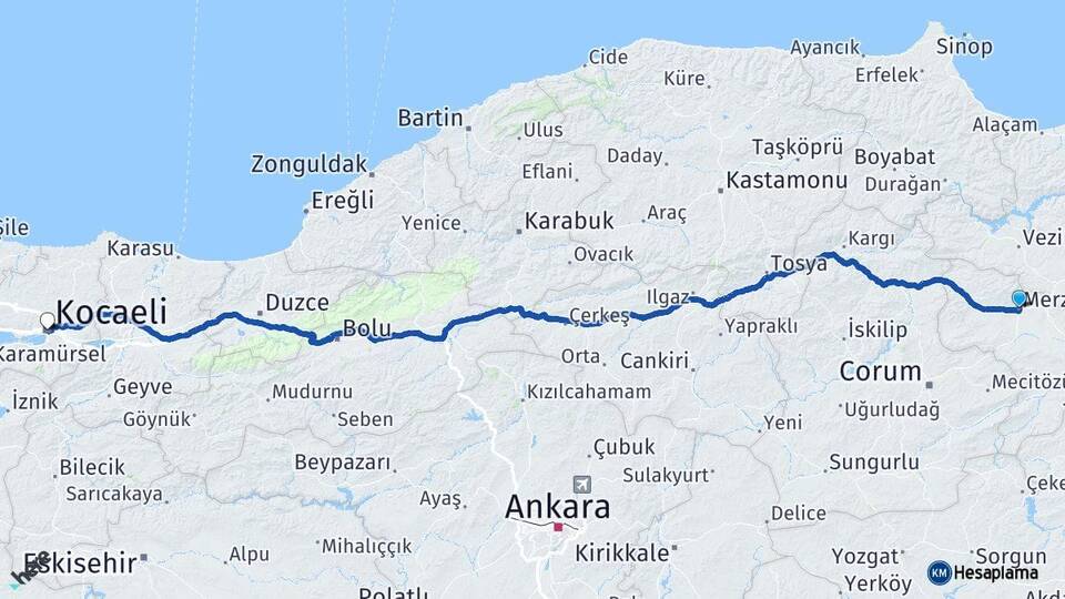 Amasya Merzifon Kocaeli Arası Kaç Km - Yol Haritası