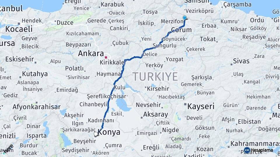 Amasya Merzifon Konya Arası Kaç Km - Yol Haritası