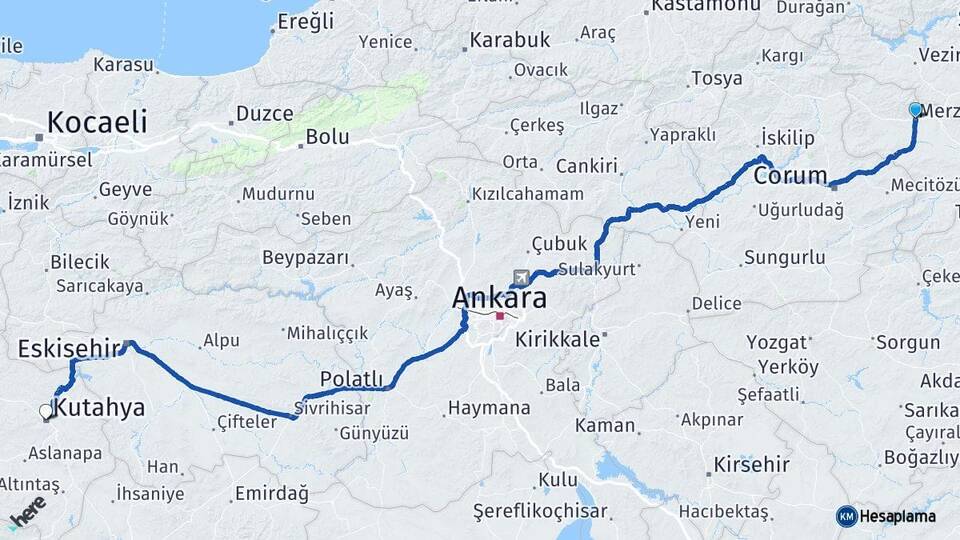 Amasya Merzifon Kütahya Arası Kaç Km - Yol Haritası