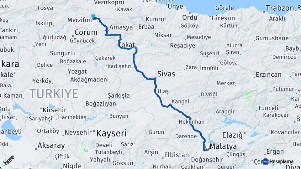Amasya Merzifon Malatya Arası Kaç Km - Yol Haritası